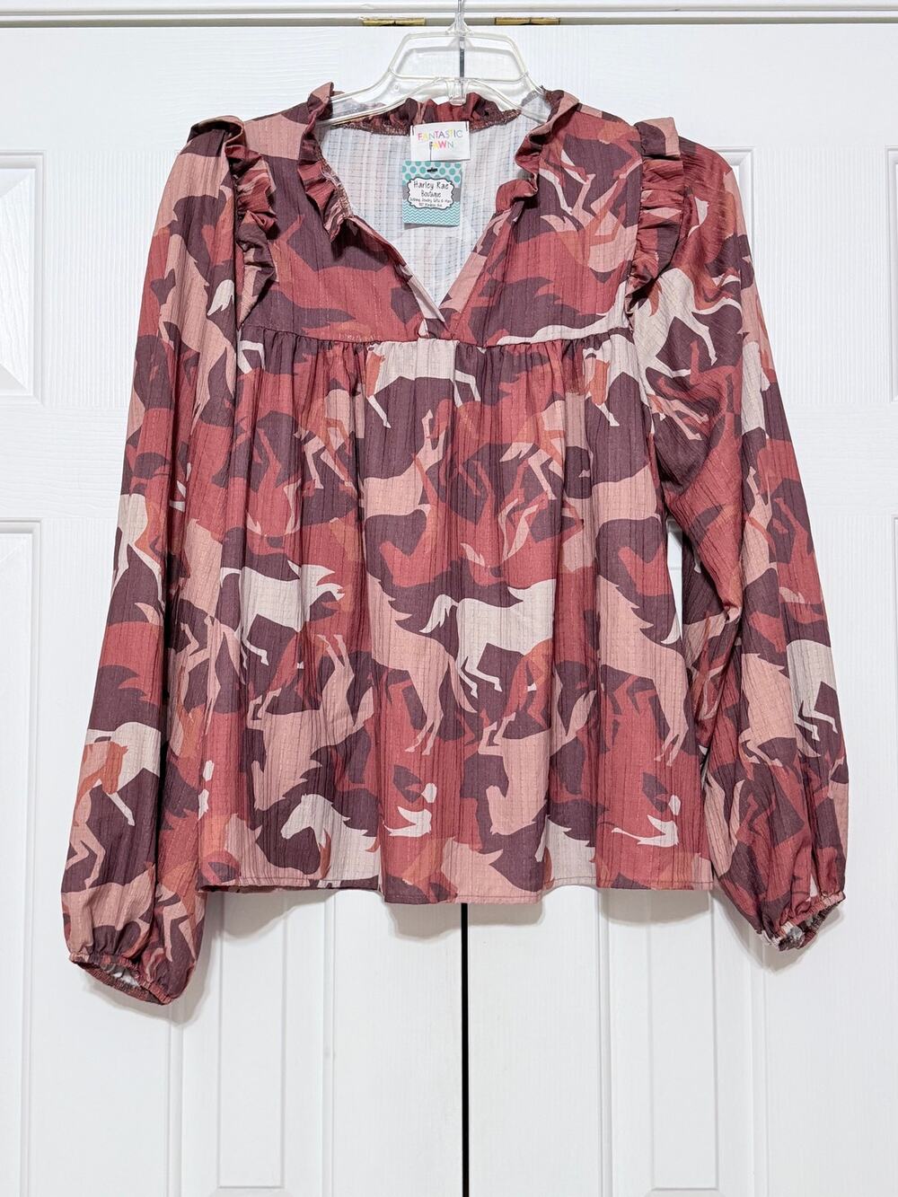 NWT Fantastic Fawn Equestrian/Horse Themed Long Sleeve Babydoll Blouse, Size L